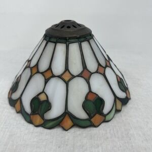 Tiffany Style Leaded Stained Glass Lamp Shade 7.5" D X 4" T Orange Green White